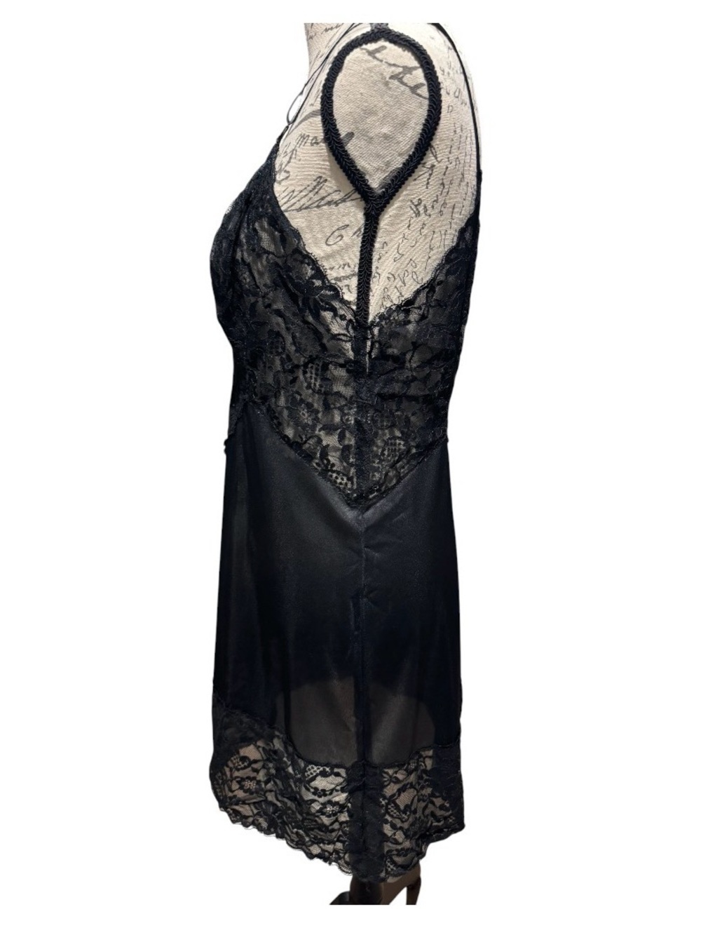 Vintage Vanity Fair Black Lace Bodice Full Slip Dress Size 36 Large Made in USA - Picture 3 of 9